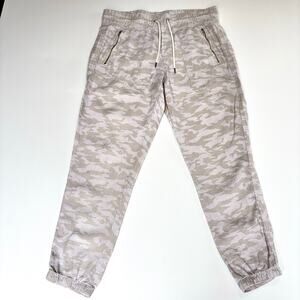 Athleta Cabo Linen Jogger Pants Beige Camo Drawstring Lightweight Size 8